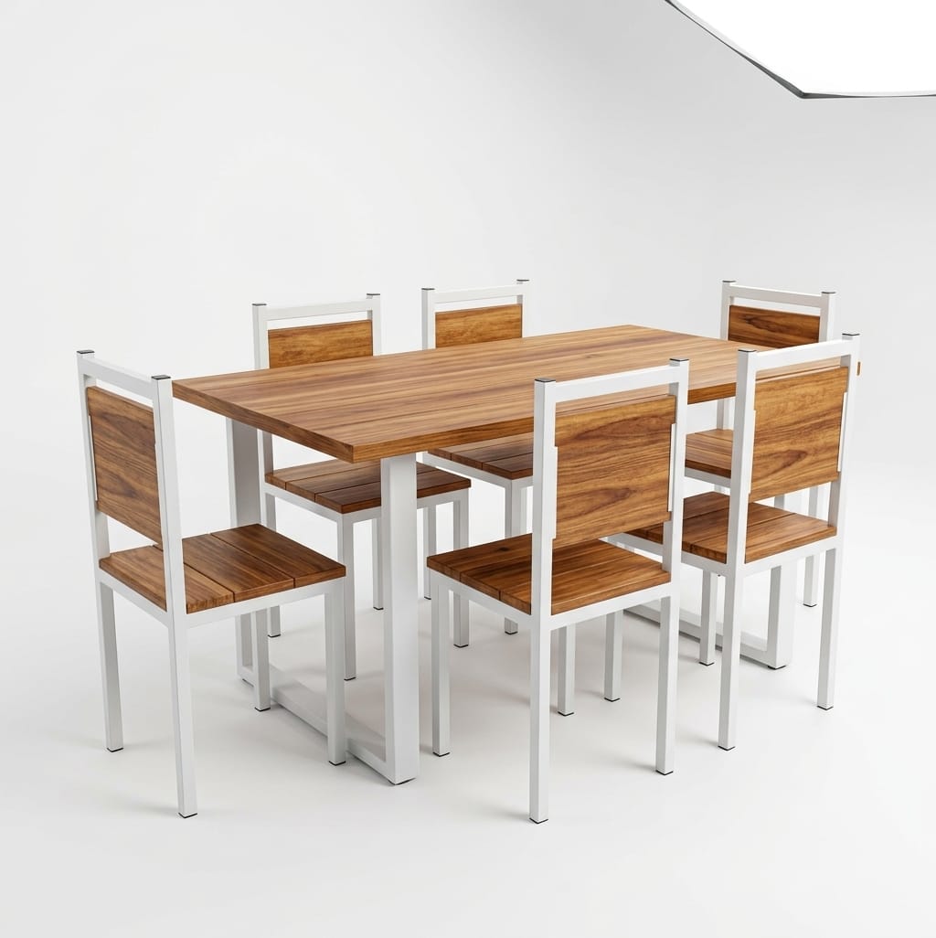 Mesa de pino con seis sillas de hierro blanco
