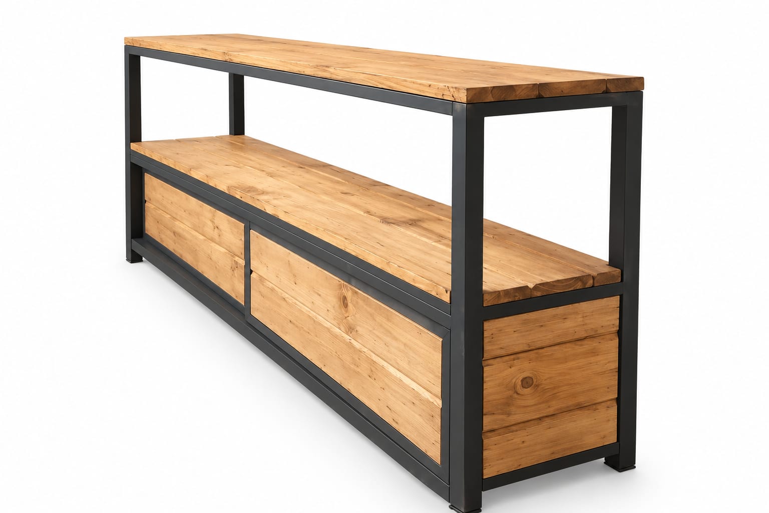 Mueble de TV de pino con cajones y estructura de hierro negro
