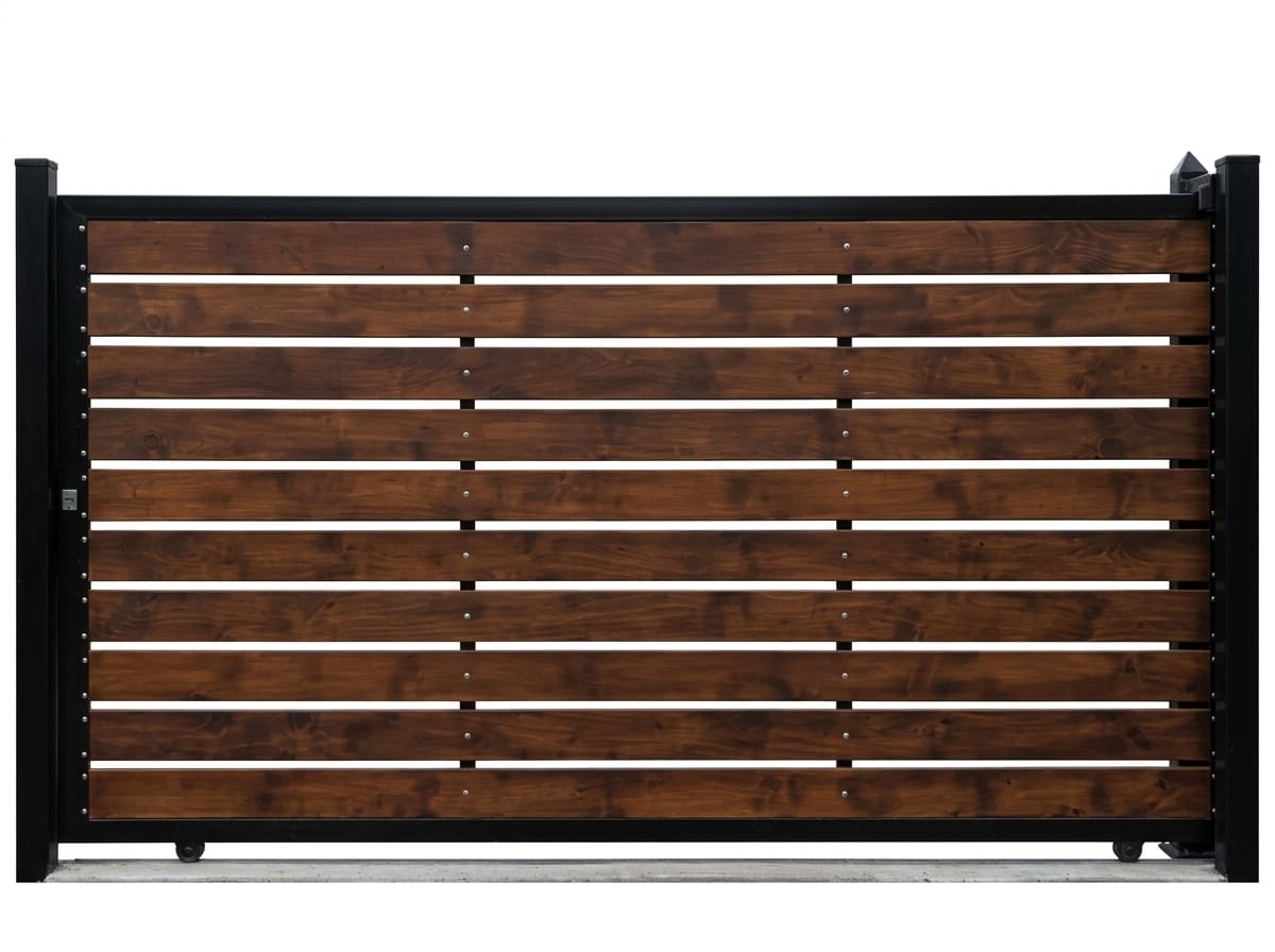 Portón corredizo de hierro con tablas de madera